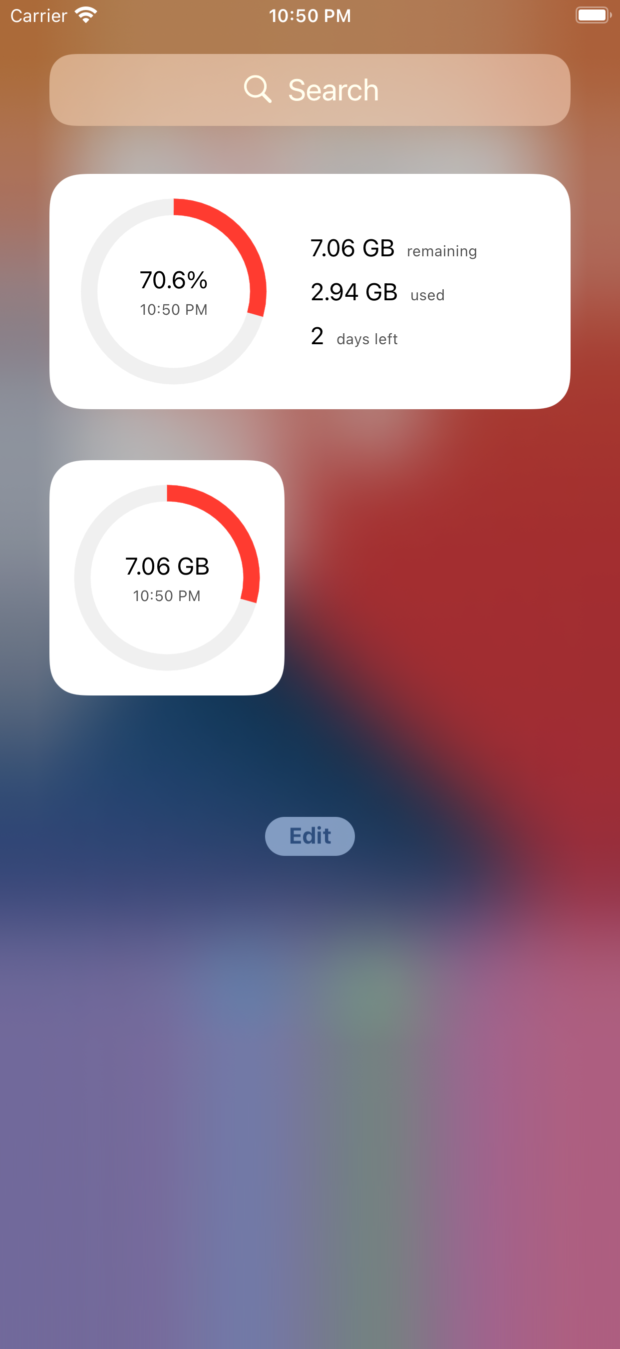 Databit widgets in the iPhone Today view with percentage and GB remaining
