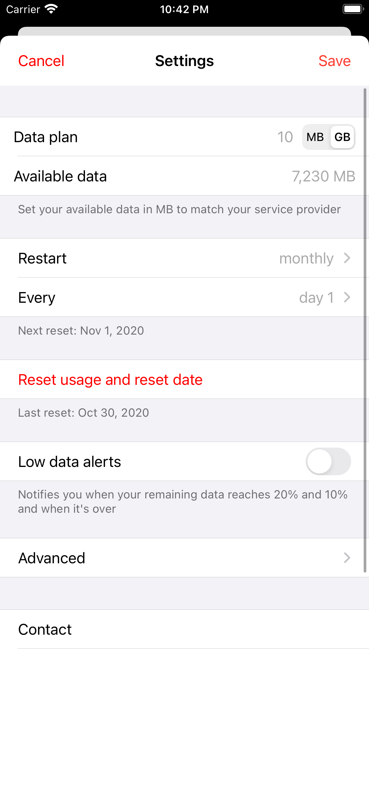 Databit settings: plan data, billing reset date and usage alerts