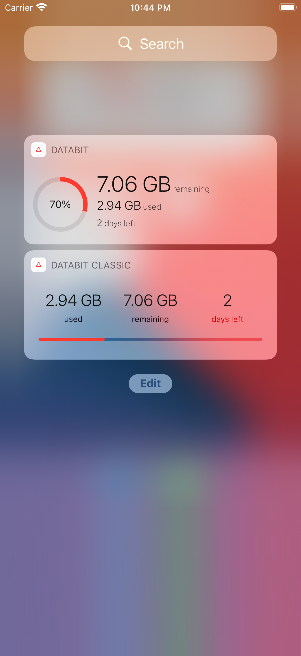 Databit widgets on iOS showing GB used, GB remaining and days left