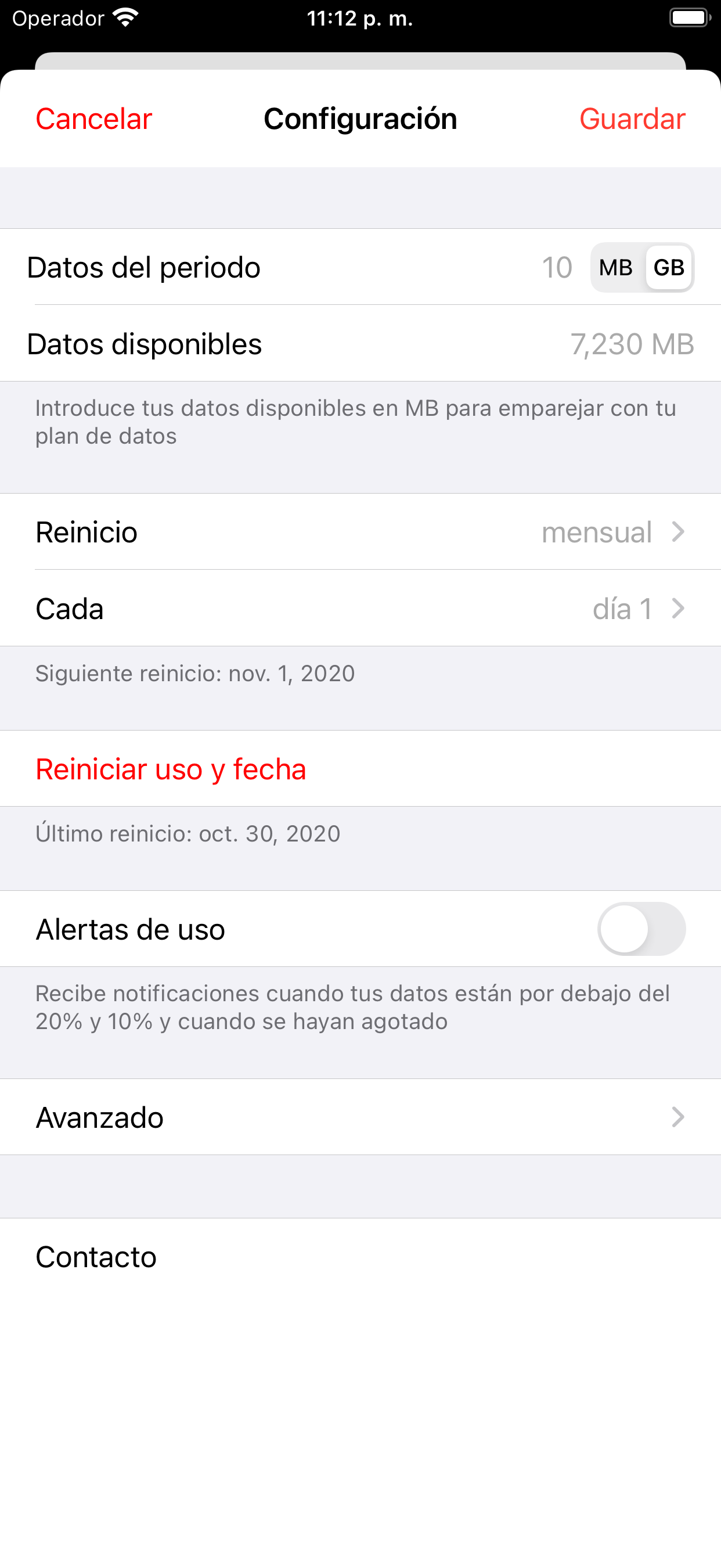 Configuración de Databit: datos del plan, fecha de reinicio de facturación y alertas de uso